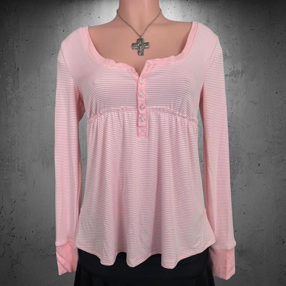Tops - Pink Striped Empire Waist Henley Long Sleeve Button Detail Soft Stretchy Top M